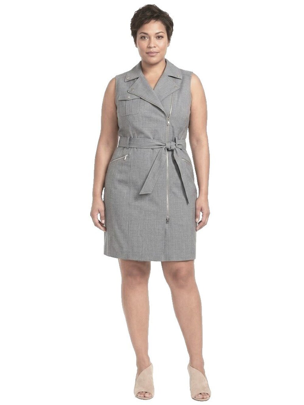 NWT Calvin Klein Zip-Front Moto Sheath in Heather Gray Sleeveless Dress 14